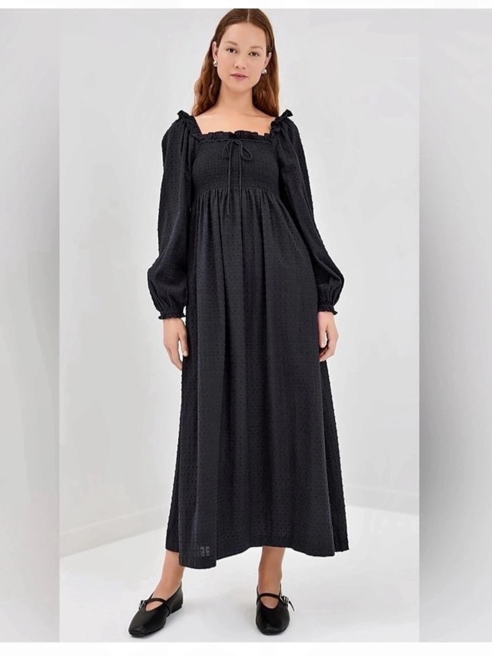 Hill House Home The Scarlett Nap Dress Maxi Dress in Black Swiss Dot Size XS NWT